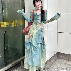 BXOXO Elegant Vintage Tie Dye Slim Fit Fungus Long Sleeve Tops Women+ Y2k High Waist Ruched Skirts 2025 Summer New Two Piece Sets