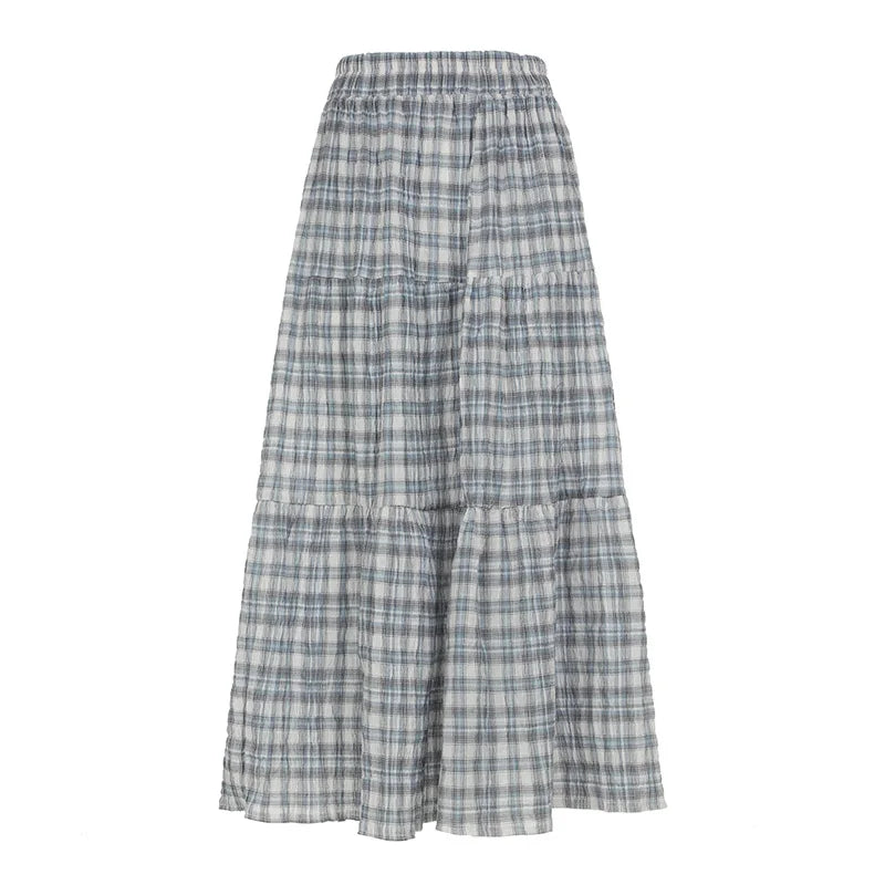 Bxoxo Lady Plaid Print Loose Long Skirts Summer Vintage 2000s Elastic Low Rise A-line Skirts for Women y2k Aesthetic