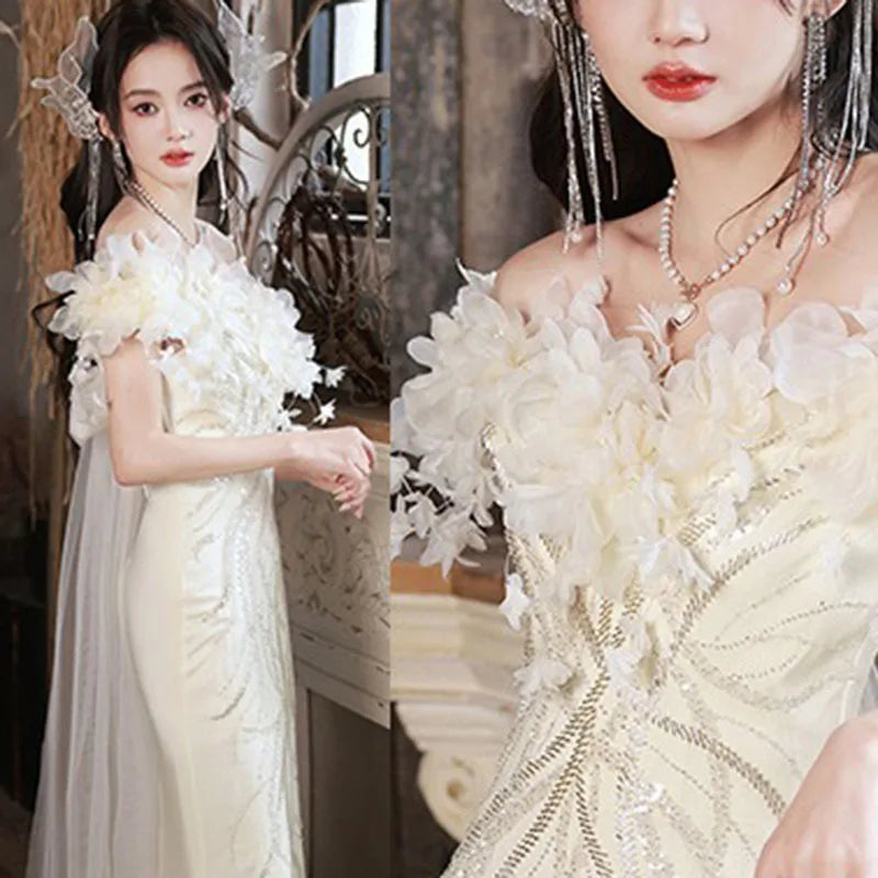 BXOXO Beige white light luxury fairy evening dress new line shoulder waist fish tail banquet evening dress