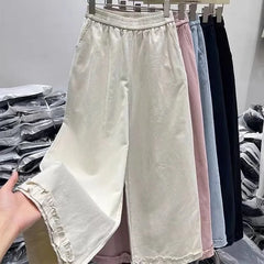 Bxoxo Korean Chic Ruffle Patchwork Ankle Length Pants Women Summer High Waist Loose Wide Leg Pants Elastic Waist Baggy Casual Trousers