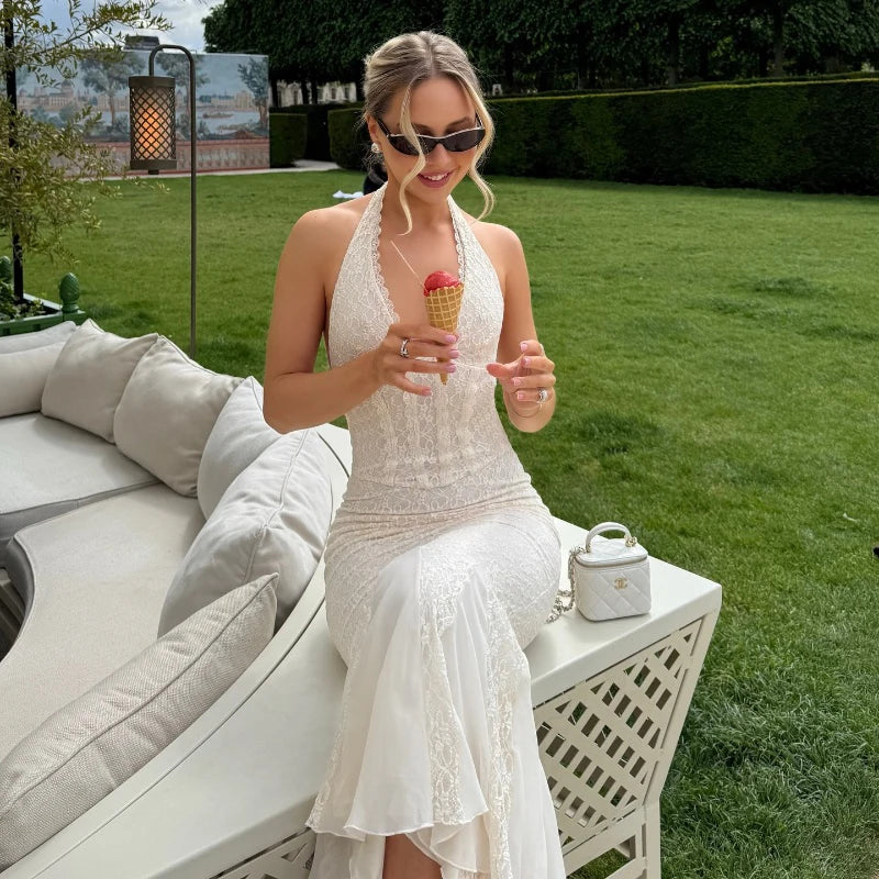 Bxoxo Elegant French Lace V-neck High Waist Backless Bodycon Halter Maxi Dress Y2K Summer Fashion Party New Women Vestidos