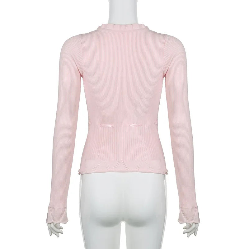 Bxoxo Fairycore Clothing Top y2k Women Ruffle Lace Patchwork Long Sleeve Knitted T Shirt 2000s Coquette Clothes Streetwear
