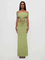 BXOXO  Off-shoulder Strapless Sexy Maxi Dress For Women Green Lace Sheer Sleeveless Backless Bodycon Club Party Long Dress