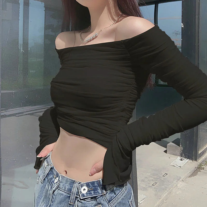 BXOXO Mesh Ruched Long Sleeve T Shirt Sexy Off Shoulder Bodycon Women Streetwear Crop Tops Summer Solid Elegant T-shirts