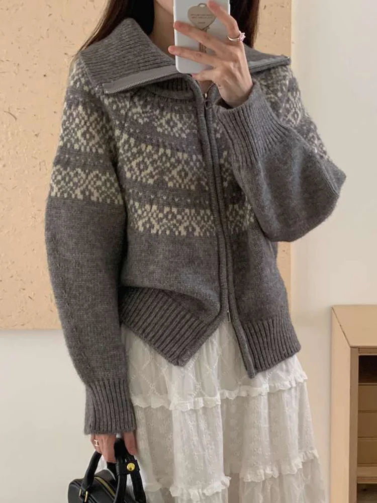 Bxoxo Print Retro Zipper Cardigan Women Loose Turtleneck Long Sleeve Korean Knitted Sweaters Vintage Female Casual Sweet Tops New
