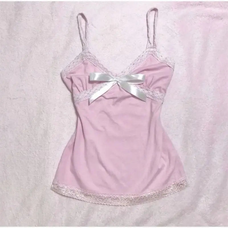 BXOXO Y2k Summer New Solid Sling Tops Kawaii Lace Bow Inside A Sling Vest 90s Aesthetics Crop Top Women Pink Tank Top Fashion Punk Top