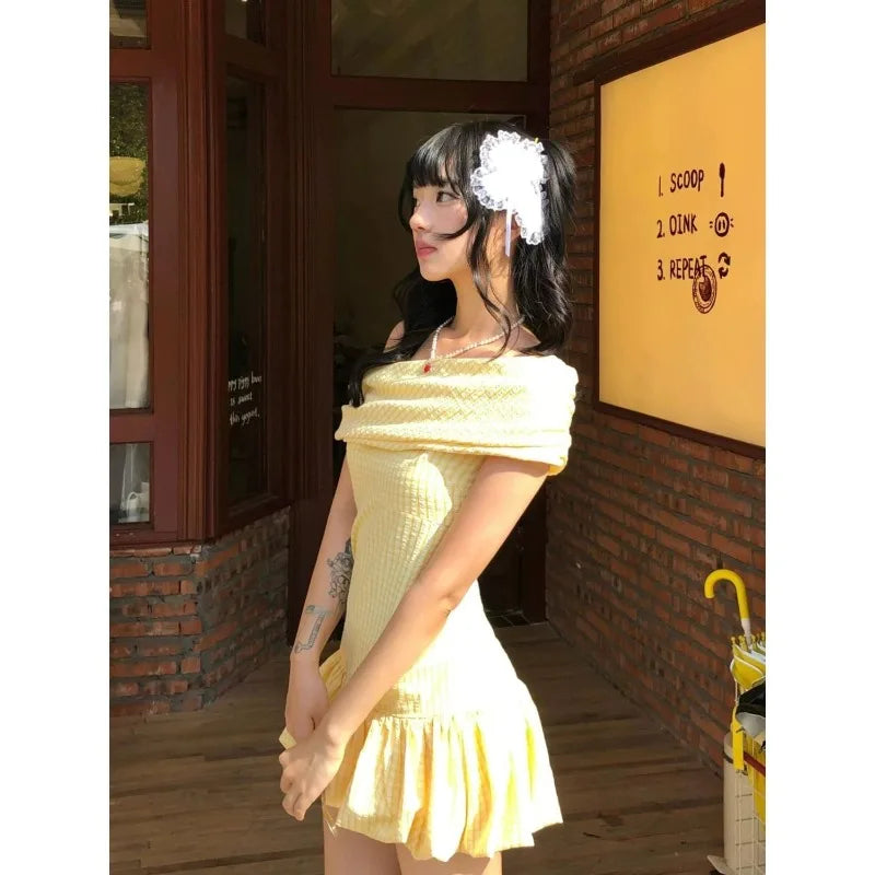 Bxoxo Sweet Elegant Bodycon Mini Dresses Women Off Shoulder Korean Style Butter Yellow Plaid Ruffles Dresses Y2k Harajuku