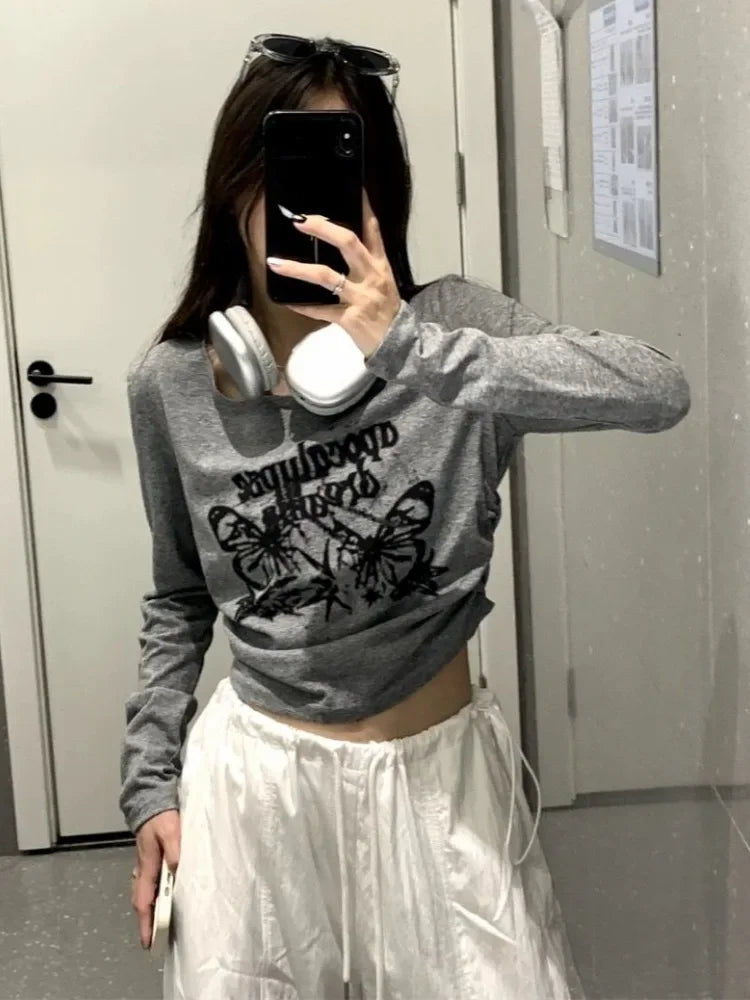 BXOXO Sexy Pleated Grunge Tee Shirts Femme Slim Fit Y2k Aesthetic Letter Print Long Sleeve Cropped Top Women Fashion All Match T-shirt