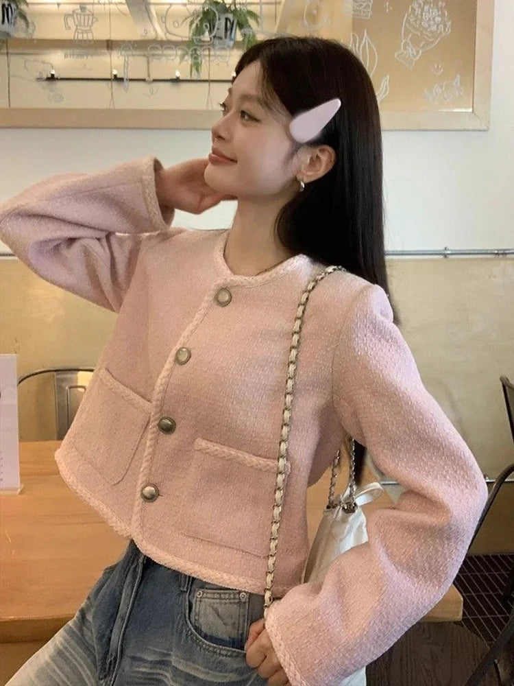 Bxoxo Pink Sweet Tweed Jackets Women Vintage O Neck Cute Elegant Long Sleeve Short Coats Retro Casual Single Breasted Pockets Outwear