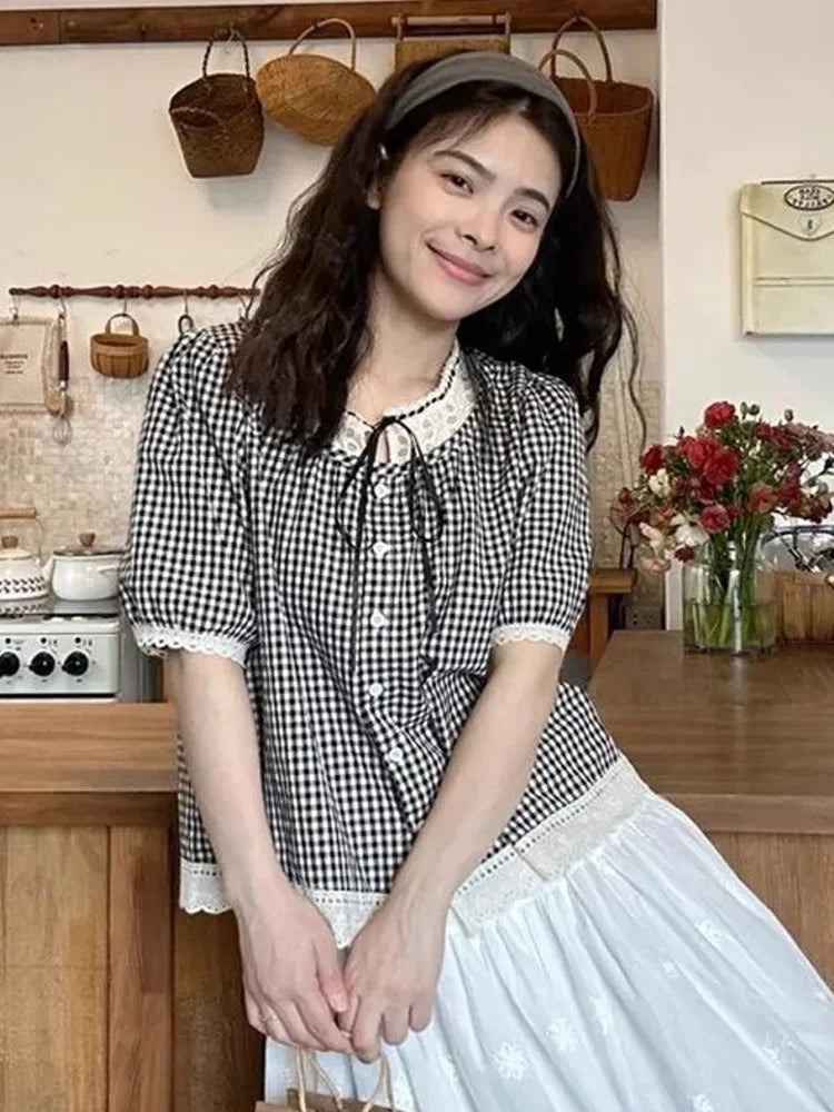 BXOXO Sweet Vintage Women Plaid Blouse Casual Preppy Style Lace Patchwork Loose Shirt Cute Retro Female Short Sleeve Lace Up Tops
