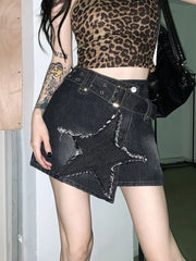 Bxoxo Vintage Star Y2K Denim Skirt Women High Waist Harajuku Belt Black Mini Skirt American Streetwear Retro Summer Gothic Skirt