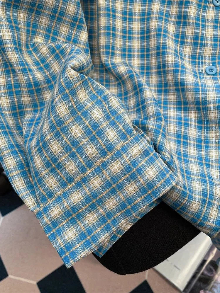 Bxoxo Retro Blue Plaid Shirt Women Casual Fall Long Sleeve Harajuku Retro Blouse Japan Preppy Style Female Turn Down Collar Tops
