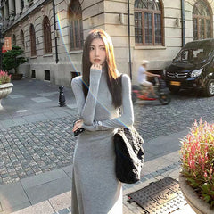 BXOXO  Autumn Half Turtleneck Dress Women Korean Elegant Black Hepburn Style Midi Dress Y2K High Waist Long Sleeve Warm A Line Vestidos