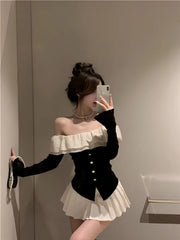 Bxoxo Women Clothing Sweet Slim Fit Flare Sleeves Top Off Shoulder Lotus Leaf Edge Black Knit T-shirt Crop  Ropa De Mujer Graphic