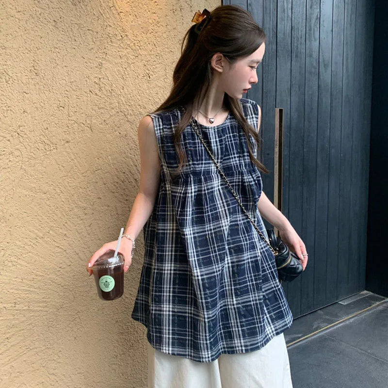 Bxoxo Japanese Sweet Plaid Shirt Women Summer Chic Patchwork Sleeveless Blouse Female New Loose Streetwear All Match O Neck Tops