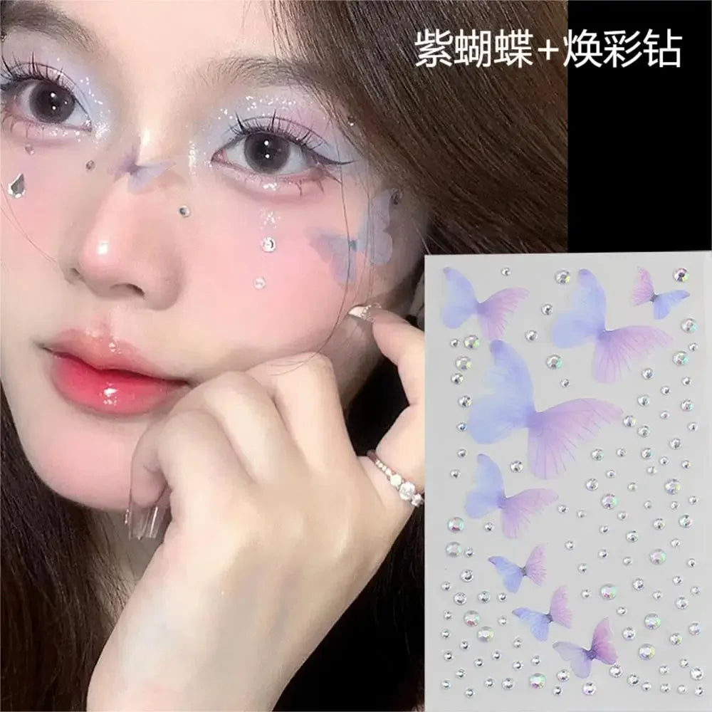 BXOXO Fashon Butterfly Face Stickers Pearl Temporary Tattoo Stickers Waterproof Glitter Eyeshadow Body for Festival Makeup