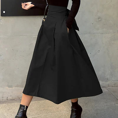Bxoxo Skirts Womens Korean Fashion Solid Color Big Swing Ladies Skirt Long Skirt Autumn Wild High Waist Bow Slim Skirts