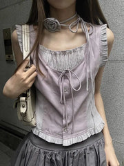 BXOXO Vintage Elegant Sweet Tanks Women French Style Harajuku Bandage Ruffle Patchwork Sleeveless Slim Tees Tops Summer 2024