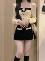 BXOXO Elegant Sweet Square Collar Bow Long Sleeve Tops Women+ Y2k E-Girl High Waist Bodycon 2025 Spring New Skirts Two Piece Sets