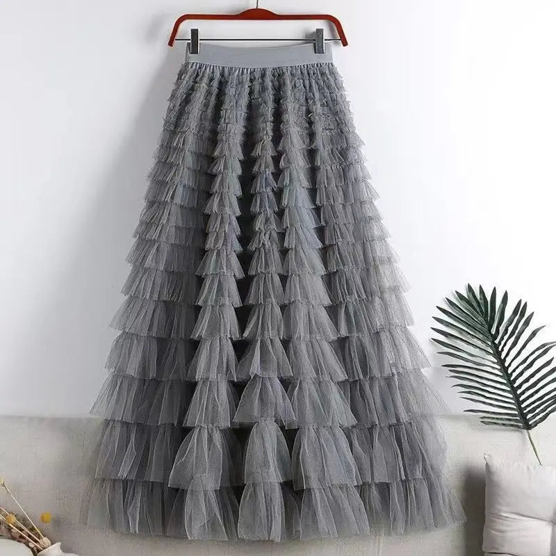 Bxoxo Casual Womens Solid Ball Gown Long Skirt Tulle High Waist Pleated Tutu Skirt Elegant Ladies Wild Mesh Dating Maxi Skirts Drop