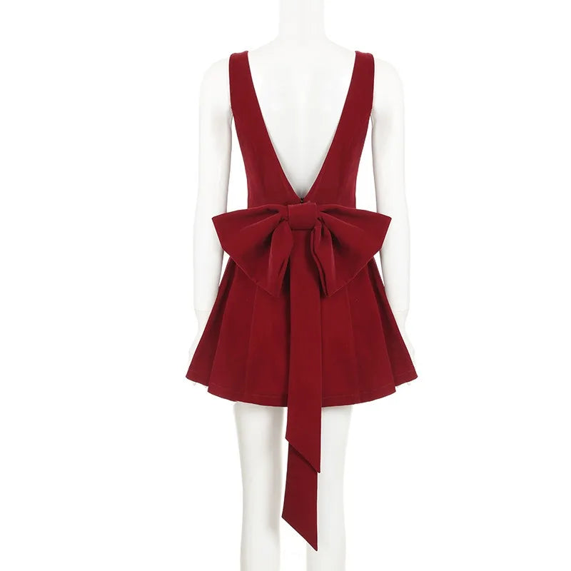 BXOXO Red Bow Dress Women's Sexy Backless Slim Tank Top A Line Dress Sleeveless Spaghetti Straps Luxury Party Evening Dress