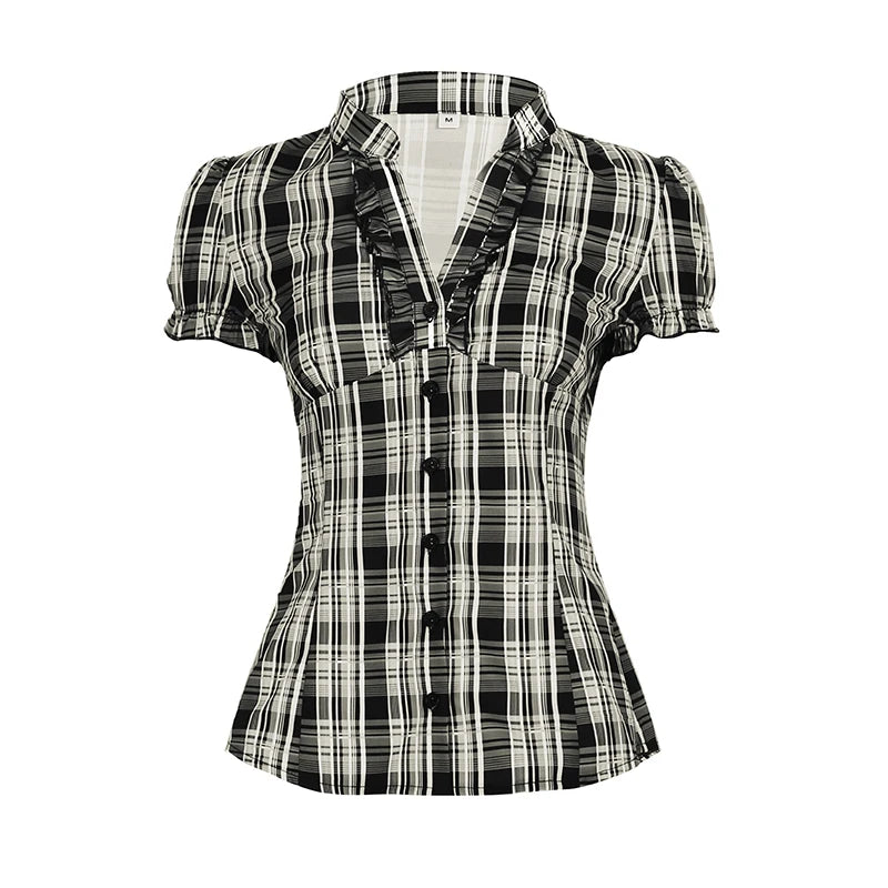 BXOXO French Chic Ruffles Elegant Women T-Shirts Simple Fashion Slim Fit All-Match Plaid V-Neck Blouses