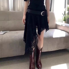 Bxoxo Y2K Asymmetrical Women Lace Skirts Fashion Streetwear Ruffle Mini Skirt Korean Harajuku Gothic Dark Series Punk Stitching Skirts