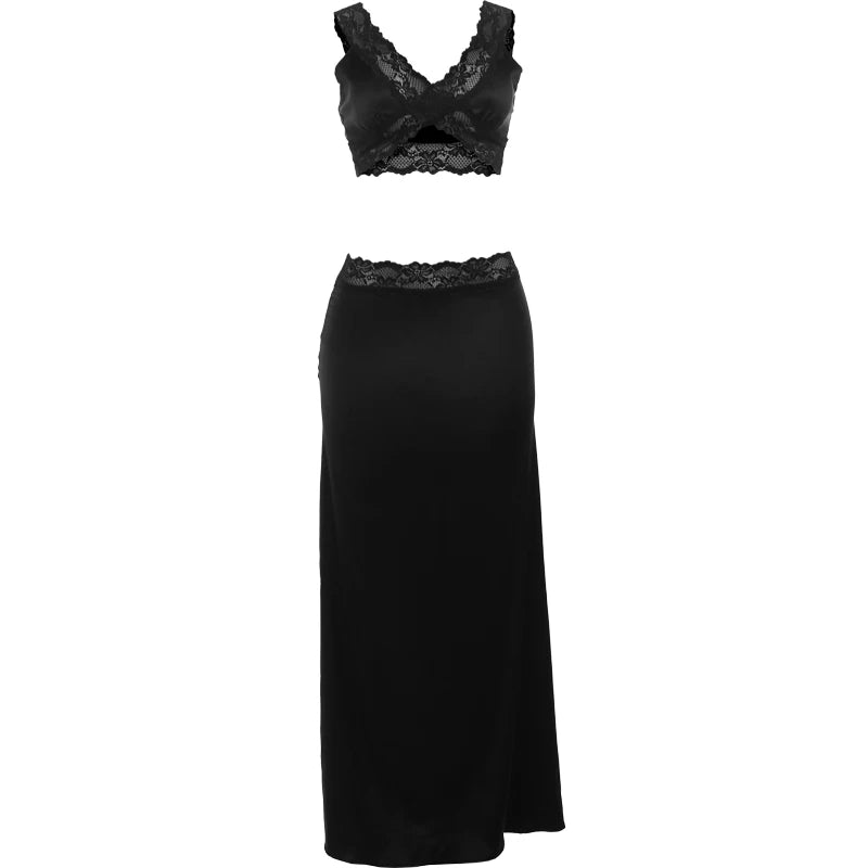 BXOXO v-Neck Summer Women 2 Piece Set Sexy Skinny Lace Patchwork Tank Tops+Long Skirts Stretch Clubwear Midnight Party Suit