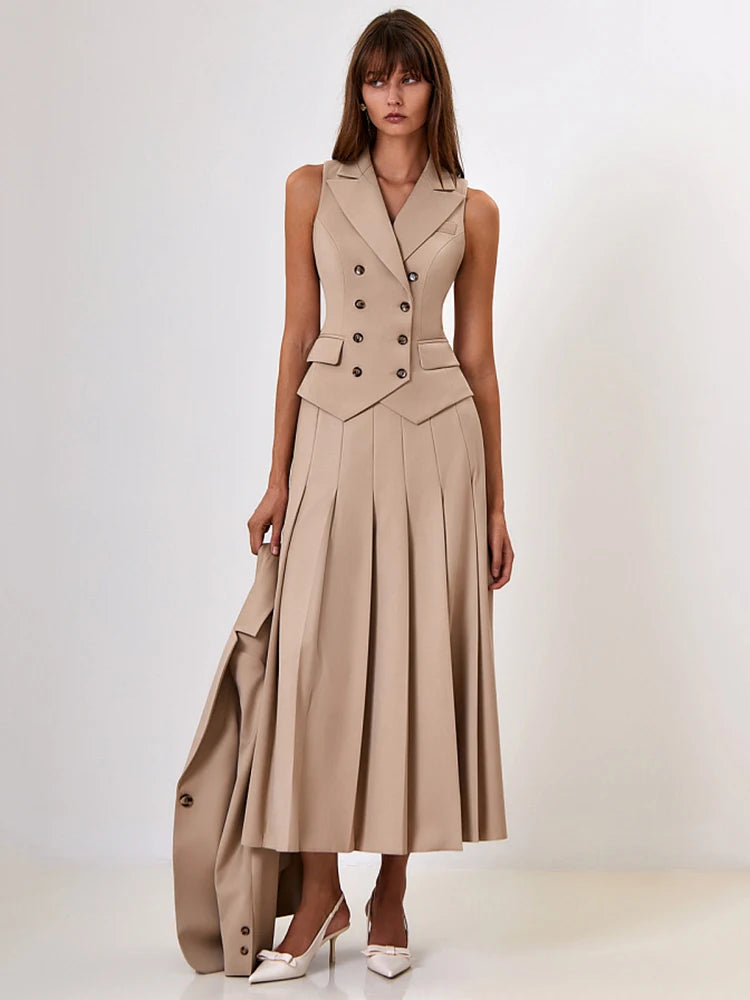 BXOXO  Autumn Two Piece Sets Women Double-breasted Vest And Split Skirt Matching Sets Fashion Long Pleated Skirt Two Piece Set