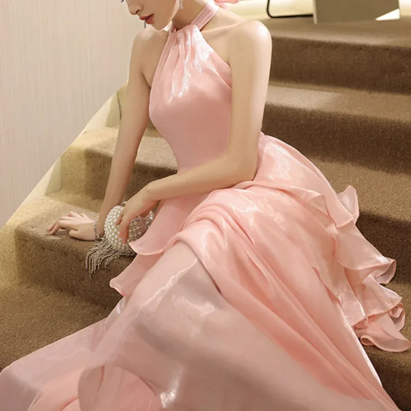 BXOXO Customized Pink Luxury Satin Evening Dress 2025 Off-shoulder Elegant Halter Collar A-Line Ruffle Cake Dress Luminous Formal Occas