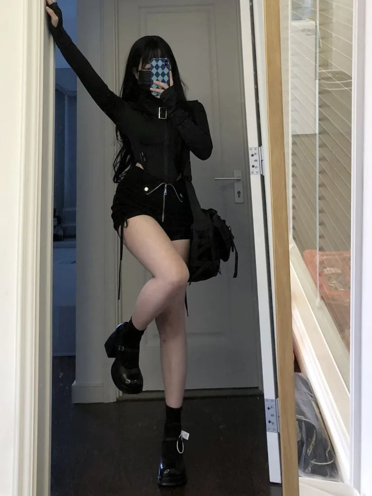 BXOXO 2025 Summer New Slim Fit Zipper Long Sleeve Black Tops Women+ Drawstring Ruched High Waist Shorts Y2k E-Girl Two Piece Sets