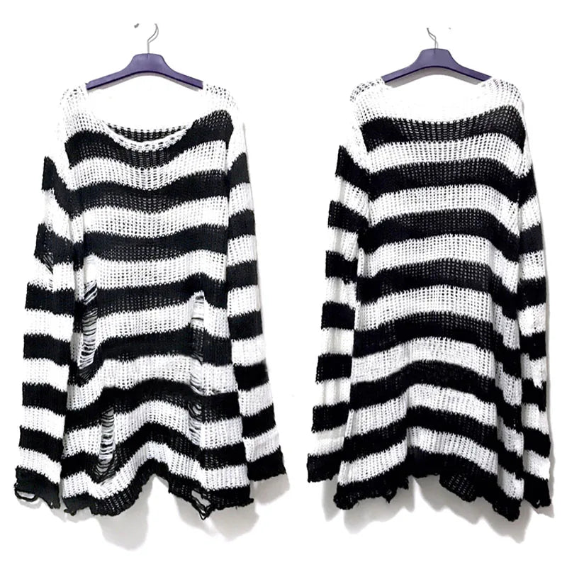 BXOXO New Punk Gothic Long Unisex Sweater Summer Women Striped Cool Hollow Out Hole Broken Jumper Loose Rock Thin Dark Streetwear Top