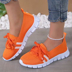 BXOXO Mesh Knitted Striped Flats Shoes for Women Summer Lace Up Casual Sneakers Woman Breathable Soft Sole Loafers Plus Size 43