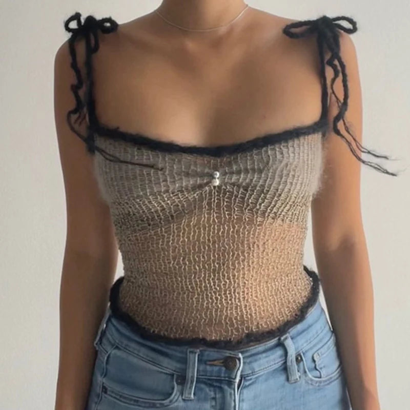 Kawaii Girl Knitted Tie-up Strap Crop Top Sexy Hollow Out Backless Camisole Chic Women Vintage Mini Vest Y2K Retro Streetwear