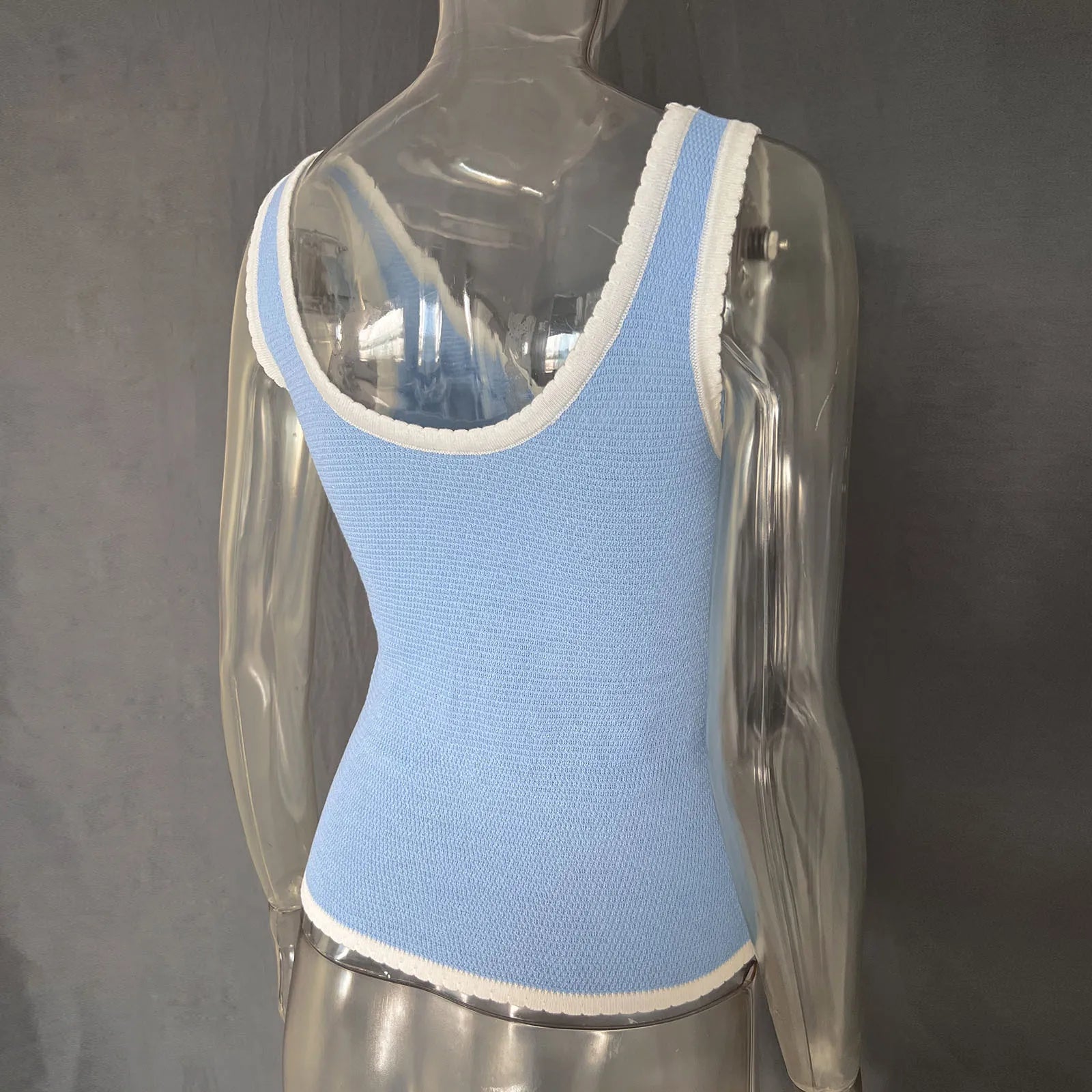 Bxoxo Knitted Deep V-neck Bow Women Crop Top Blue Patchwork Spaghetti Strap Tank Top Female Spring Slim Casual Streetwear 2024