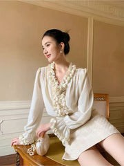 Bxoxo Elegant Wood Ear V Neck Shirt Women Korean Chic Rose Decoration Long Sleeve Tops Y2K Autumn Patchwork Office Lady Casual Blouse