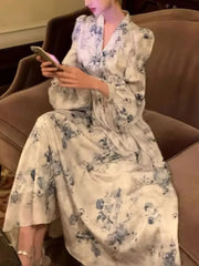 BXOXO Women Fashion Casual A-Line Print Long Dress Spring Summer Vintage Elegant Party Birthday Clothes Female Vestidos Wedding Robe