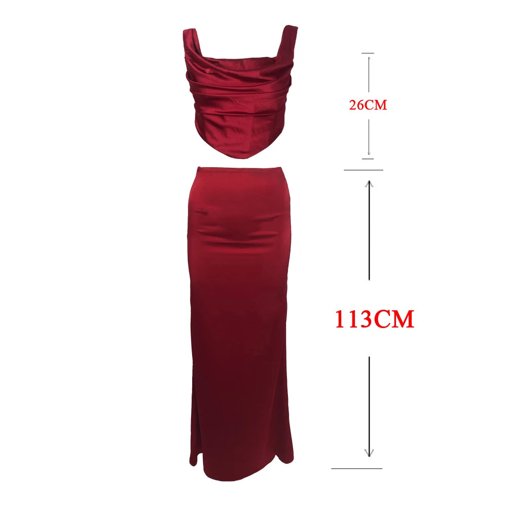 Bxoxo Wine Christmas Dress Women Satin 2 Piece Dress Set Elegant Bodycon Corset Cropped Top and Long Skirt Women Clothing