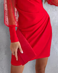BXOXO Beaded Mesh Long Sleeve Dress V-Neck Ruched Mini Cocktail Party Dress