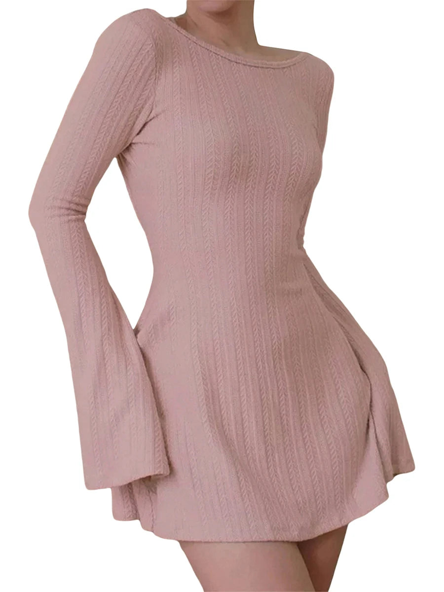 BXOXO Solid Color Ribbed Knit Sweater Dress with A-Line Swing Silhouette - Casual Long Sleeve Crewneck Bodycon Short Dress