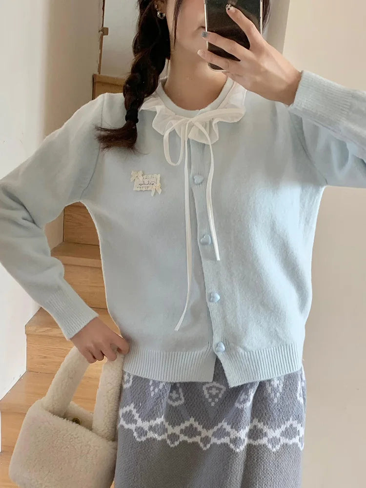 Bxoxo Ruffles Sweet Cardigan Women Cute Long Sleeve Bow Sweaters Preppy Style O Neck Japan Kawaii Letter Lace Up Love Buttons Top