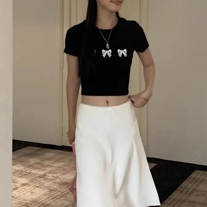 Bxoxo Elegant White Women Satin Skirt Fairycore Ruffle Mid Skirts Coquette A-line Basic Casual Korean Style Summer Silk Skirt