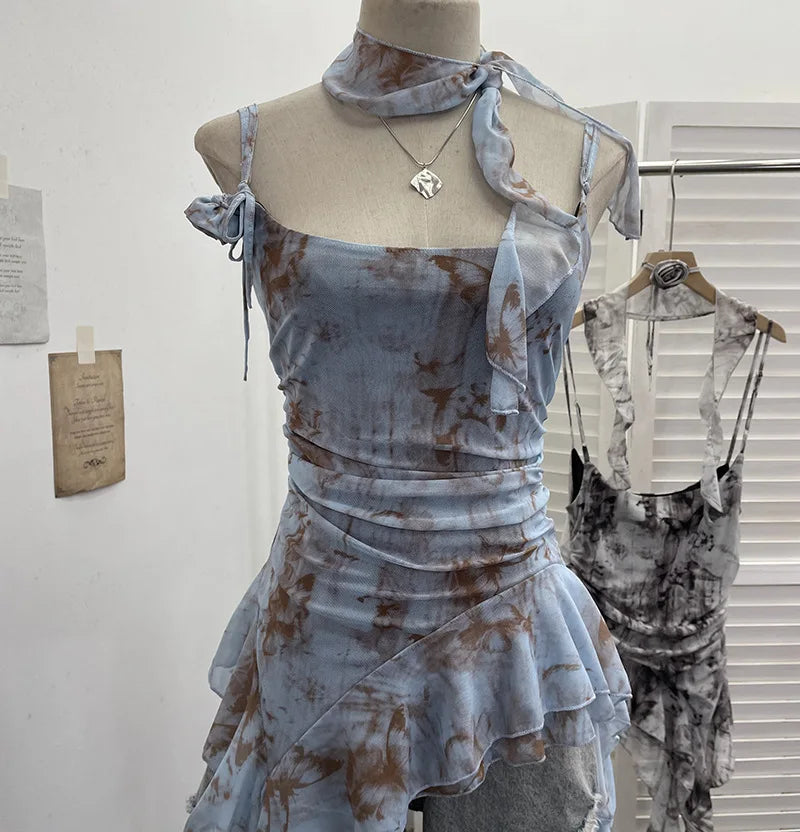 BXOXO Women's Vintage Tie-dye Printed Mesh Spaghetti Strap Camisole Hot Girl Irregular Ruffled Ribbon Sleeveless Top Partyclub 1185
