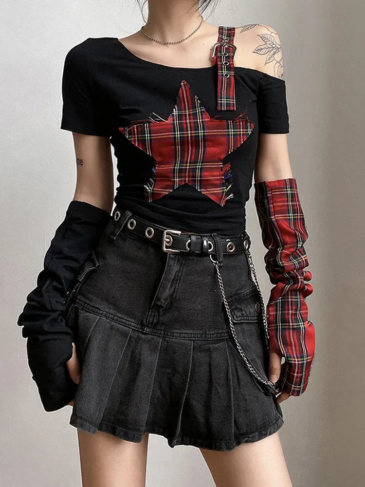 BXOXO Summer Star Patchwork Crop Tops Plaid T Shirt Women Fashion Off Single Shoulder Y2k Tee OverSleeve Fairy Grunge Shirts