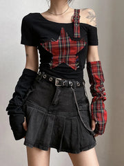 BXOXO Summer Star Patchwork Crop Tops Plaid T Shirt Women Fashion Off Single Shoulder Y2k Tee OverSleeve Fairy Grunge Shirts