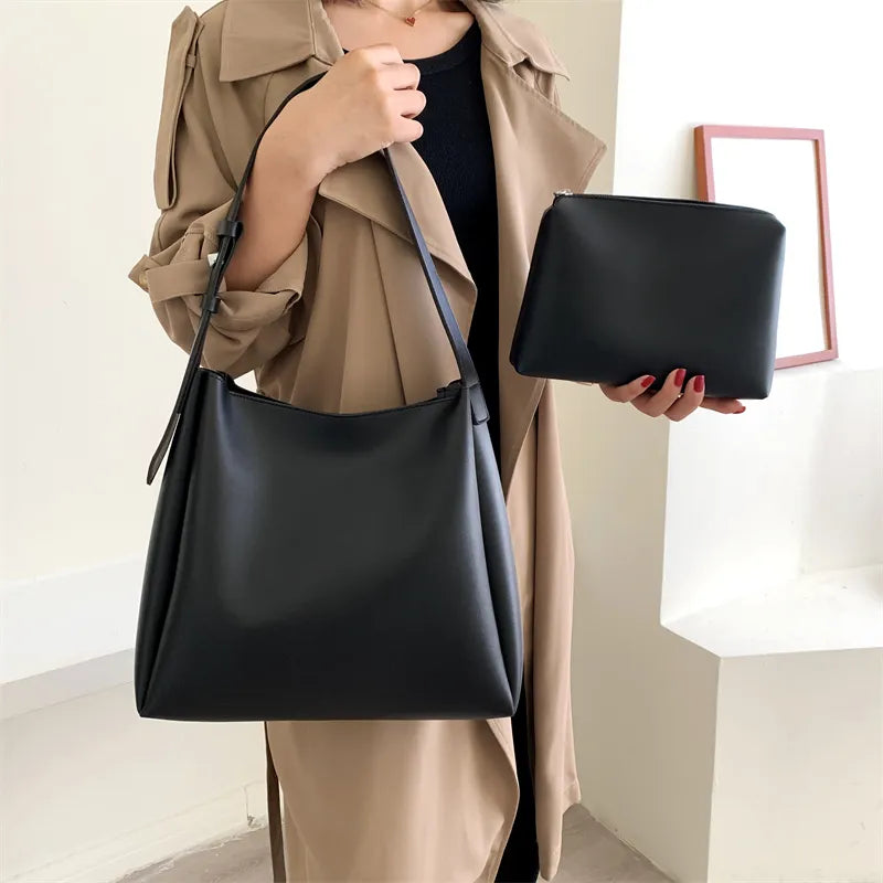 BXOXO Quality Women Tote Bags 2 Pcs/Set Large Capacity Shopper Shoulder Bag Pure Color Wide Strap Soft PU Leather Female Handbags