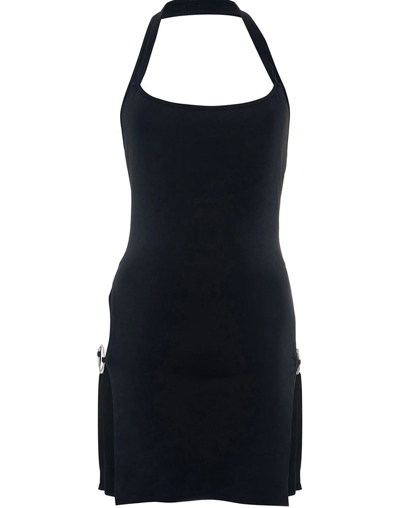 BXOXO Sexy Elegant A-line Mini Dress Women Sleeveless Backless Folds Bodycon Black Split Dress Party