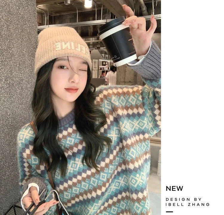 Bxoxo Winter Knitwear Pullover Sweaters For Women Top Blue Vintage Long Loose Autres Sweats Warm Korea Fashion Kawaii Jersey Jumper