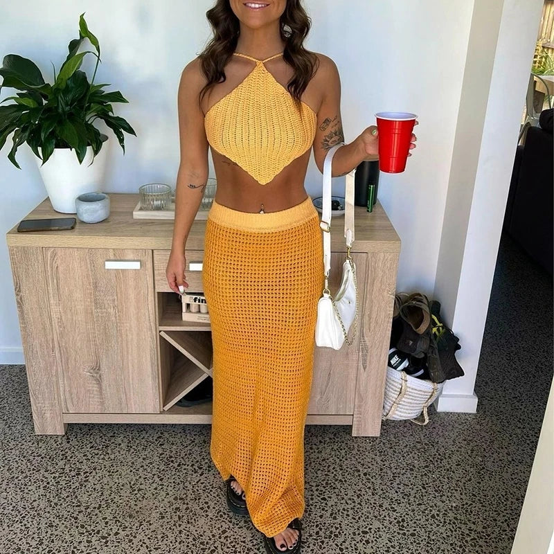 BXOXO Beach Style Striped Knitted Maxi Skirts Summer Holiday Chic Women Sexy High Waist Pencil Long Skirt Bodycon Y2K Vintage Clothes