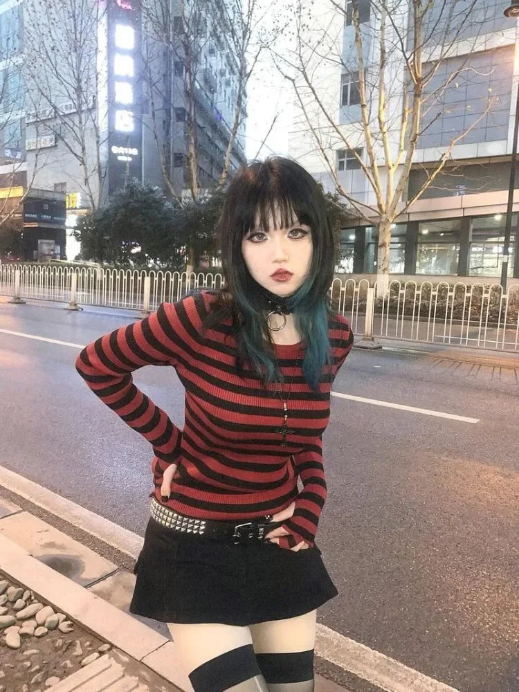 BXOXO Red Striped Pullovers Gothic Y2k Clothes Emo Girls Long Sleeve Asymmetrical Harajuku Slim Kawaii Retro Pull Femme Sweaters Chic